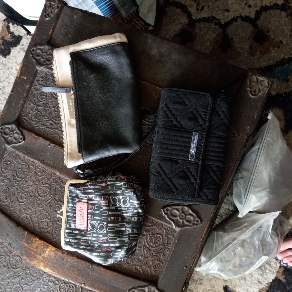 Vera Bradley wallet, nine west wristlet, benefit San Francisco change purse